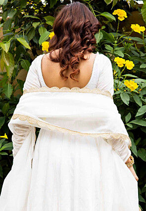 Hand Embroidered Pure Chanderi Silk Jacquard Anarkali Suit in Off White