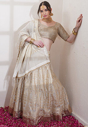 Hand Embroidered Pure Chanderi Silk Jacquard Lehenga in Off White