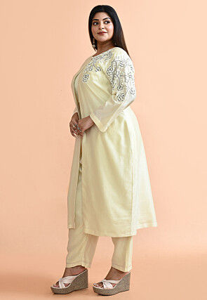 Hand Embroidered Pure Chanderi Silk Pakistani Suit in Cream