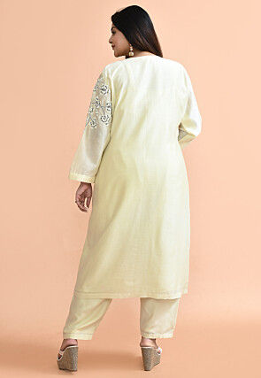 Hand Embroidered Pure Chanderi Silk Pakistani Suit in Cream