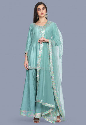 Hand Embroidered Pure Chanderi Silk Pakistani Suit in Light Blue