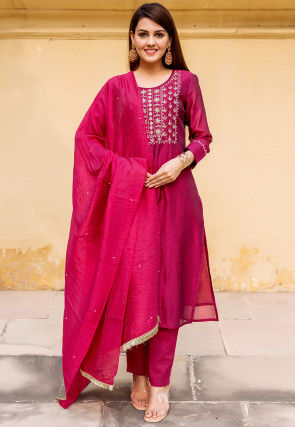 Hand Embroidered Pure Chanderi Silk Pakistani Suit in Magenta