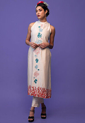Hand Embroidered Pure Chanderi Silk Pakistani Suit in Off White