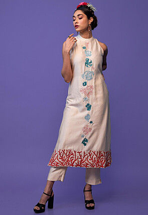 Hand Embroidered Pure Chanderi Silk Pakistani Suit in Off White