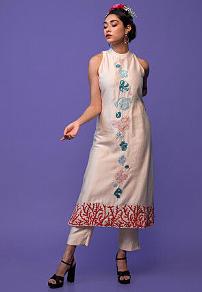 Hand Embroidered Pure Chanderi Silk Pakistani Suit in Off White