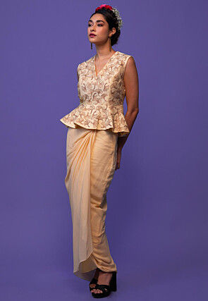 Hand Embroidered Pure Chanderi Silk Peplum Style Top Set in Beige