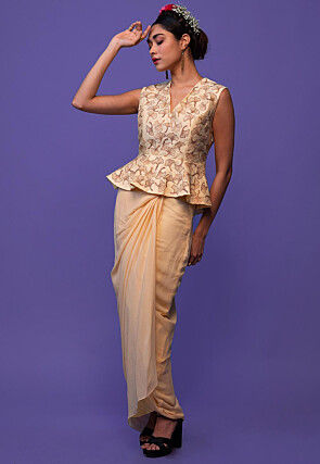 Hand Embroidered Pure Chanderi Silk Peplum Style Top Set in Beige