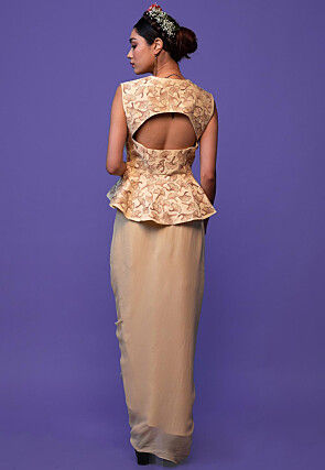 Hand Embroidered Pure Chanderi Silk Peplum Style Top Set in Beige