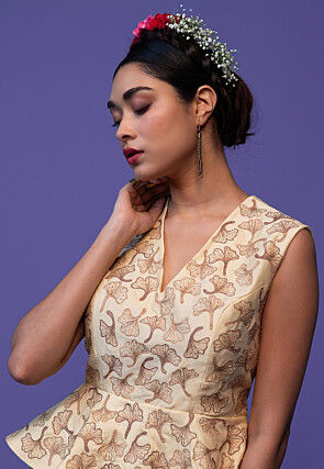 Hand Embroidered Pure Chanderi Silk Peplum Style Top Set in Beige