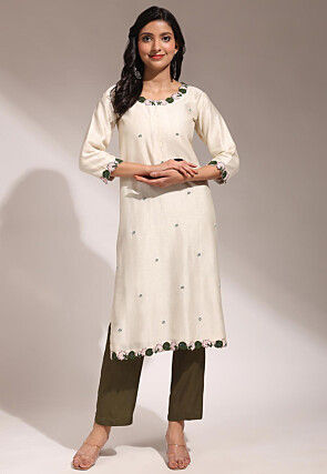 Hand Embroidered Pure Chanderi Silk Straight Kurta Set in Cream