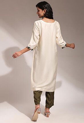 Hand Embroidered Pure Chanderi Silk Straight Kurta Set in Cream