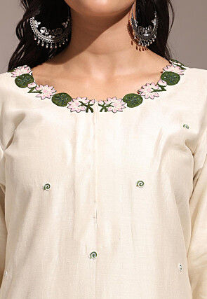 Hand Embroidered Pure Chanderi Silk Straight Kurta Set in Cream
