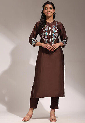 Hand Embroidered Pure Chanderi Silk Straight Kurta Set in Dark Brown