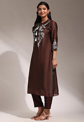 Hand Embroidered Pure Chanderi Silk Straight Kurta Set in Dark Brown