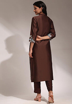 Hand Embroidered Pure Chanderi Silk Straight Kurta Set in Dark Brown