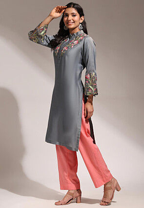 Hand Embroidered Pure Chanderi Silk Straight Kurta Set in Grey