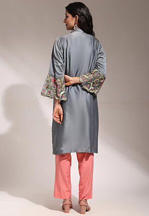 Hand Embroidered Pure Chanderi Silk Straight Kurta Set in Grey