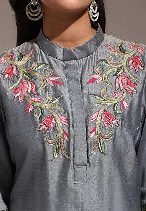 Hand Embroidered Pure Chanderi Silk Straight Kurta Set in Grey