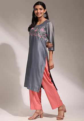 Hand Embroidered Pure Chanderi Silk Straight Kurta Set in Grey