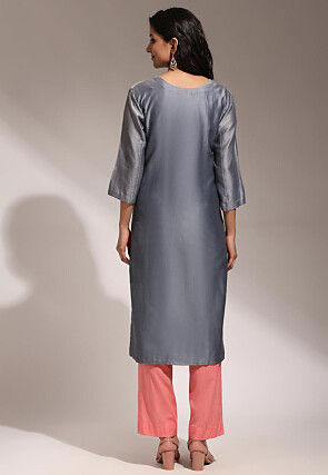 Hand Embroidered Pure Chanderi Silk Straight Kurta Set in Grey