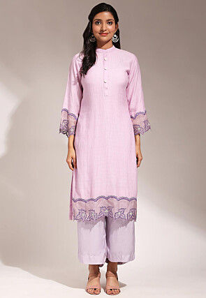 Hand Embroidered Pure Chanderi Silk Straight Kurta Set in Light Purple