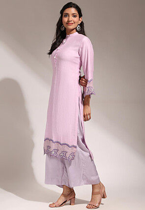 Hand Embroidered Pure Chanderi Silk Straight Kurta Set in Light Purple