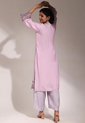Hand Embroidered Pure Chanderi Silk Straight Kurta Set in Light Purple