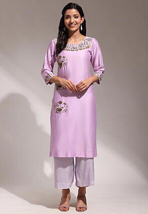 Hand Embroidered Pure Chanderi Silk Straight Kurta Set in Lilac