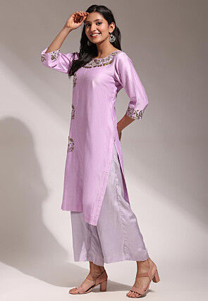 Hand Embroidered Pure Chanderi Silk Straight Kurta Set in Lilac