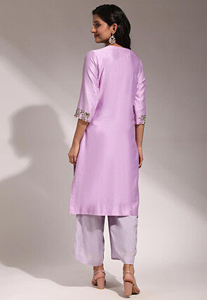 Hand Embroidered Pure Chanderi Silk Straight Kurta Set in Lilac