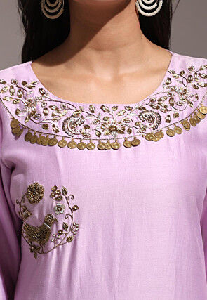 Hand Embroidered Pure Chanderi Silk Straight Kurta Set in Lilac