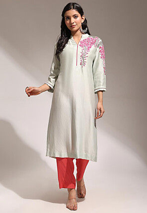 Hand Embroidered Pure Chanderi Silk Straight Kurta Set in Pastel Green