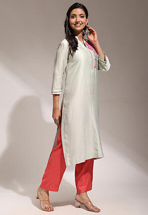 Hand Embroidered Pure Chanderi Silk Straight Kurta Set in Pastel Green