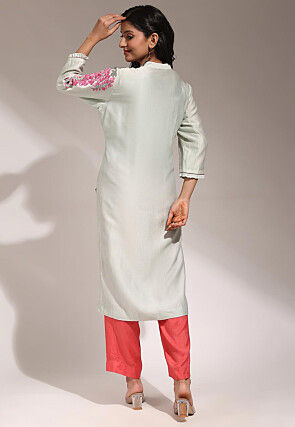 Hand Embroidered Pure Chanderi Silk Straight Kurta Set in Pastel Green