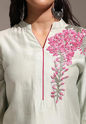 Hand Embroidered Pure Chanderi Silk Straight Kurta Set in Pastel Green