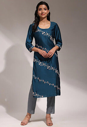 Hand Embroidered Pure Chanderi Silk Straight Kurta Set in Teal Blue