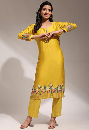 Hand Embroidered Pure Chanderi Silk Straight Kurta Set in Yellow