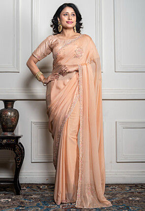 Hand Embroidered Pure Chiffon Saree in Light Peach