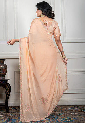 Hand Embroidered Pure Chiffon Saree in Light Peach