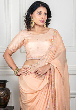 Hand Embroidered Pure Chiffon Saree in Light Peach