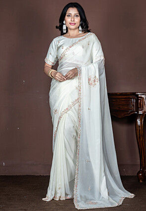 Hand Embroidered Pure Chiffon Saree in Off White