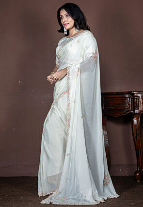 Hand Embroidered Pure Chiffon Saree in Off White