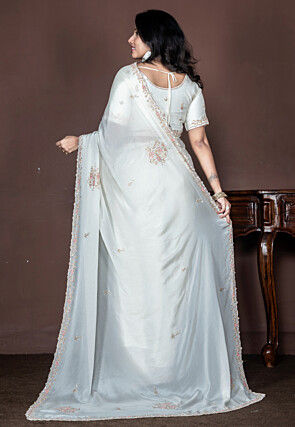Hand Embroidered Pure Chiffon Saree in Off White