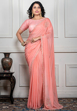 Hand Embroidered Pure Chiffon Saree in Peach
