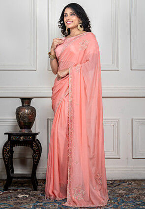 Hand Embroidered Pure Chiffon Saree in Peach