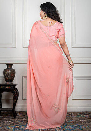 Hand Embroidered Pure Chiffon Saree in Peach