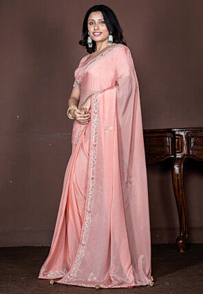 Hand Embroidered Pure Chiffon Saree in Peach
