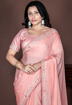 Hand Embroidered Pure Chiffon Saree in Peach