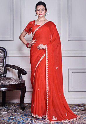 Hand Embroidered Pure Chiffon Saree in Red