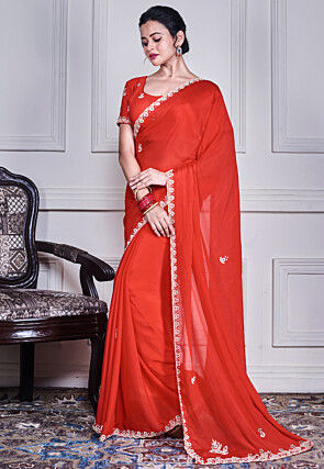 Hand Embroidered Pure Chiffon Saree in Red